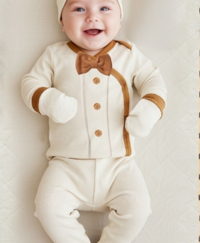 Erkek Bebek düğmeli-fiyonklu 4lü zıbın takımı