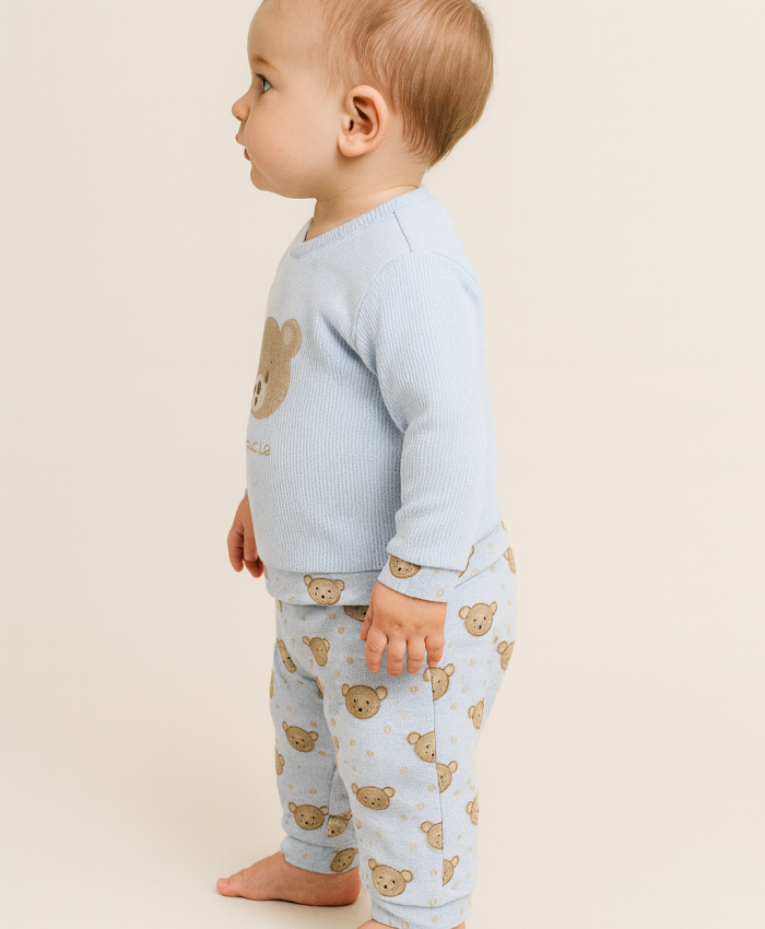 Erkek bebek ayıcık kafa ve yıldız baskılı pamuklu takım