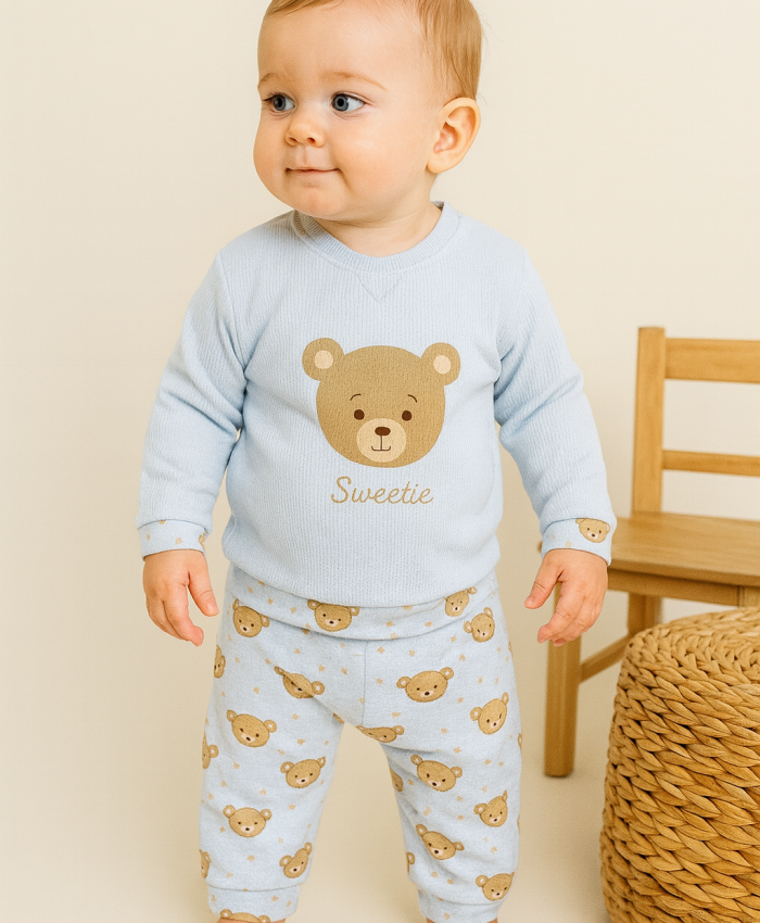 Erkek bebek ayıcık kafa ve yıldız baskılı pamuklu takım