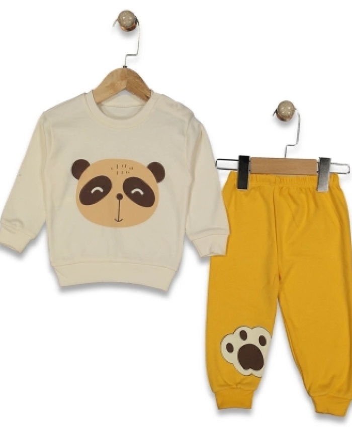 Erkek Çocuk panda kafa baskılı uzun kollu pamuklu takım