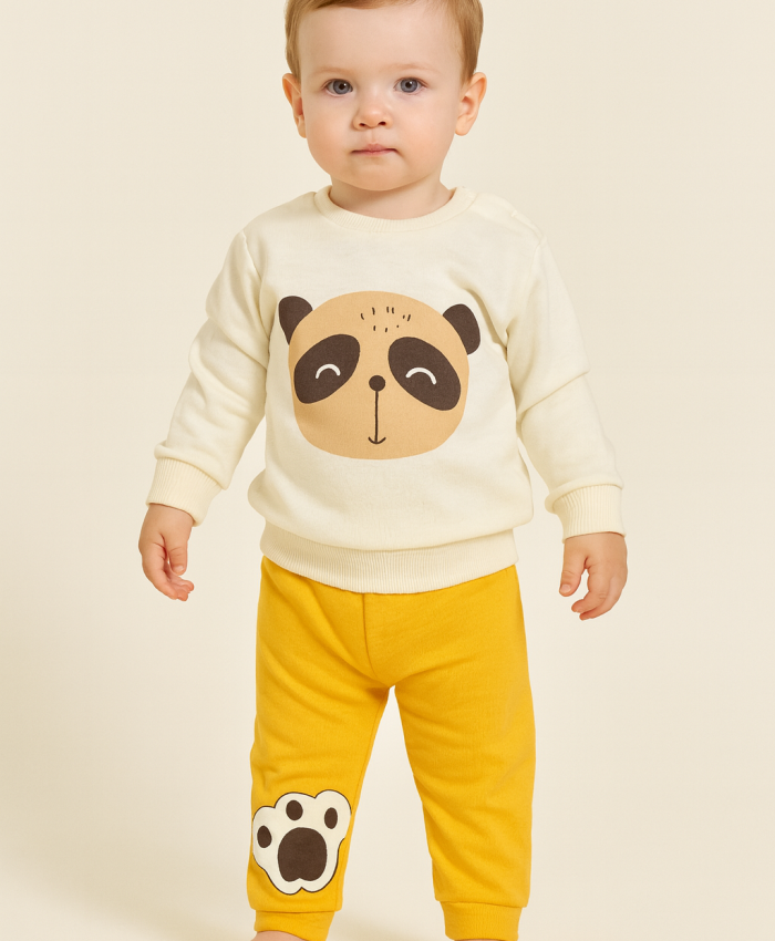 Erkek Çocuk panda kafa baskılı uzun kollu pamuklu takım