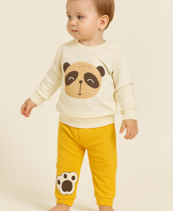 Erkek Çocuk panda kafa baskılı uzun kollu pamuklu takım