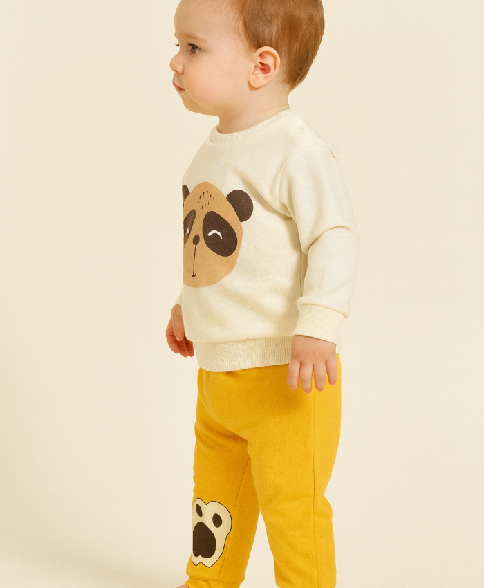 Erkek Çocuk panda kafa baskılı uzun kollu pamuklu takım