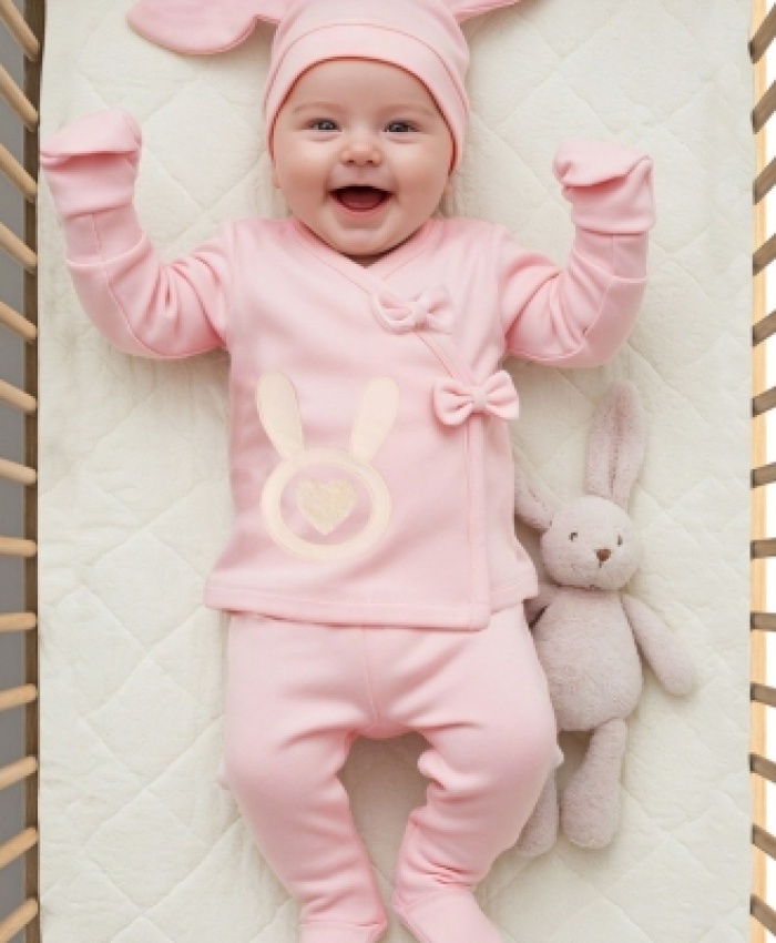 Kız bebek fiyonk detaylı tavşanlı 5li zıbın takımı