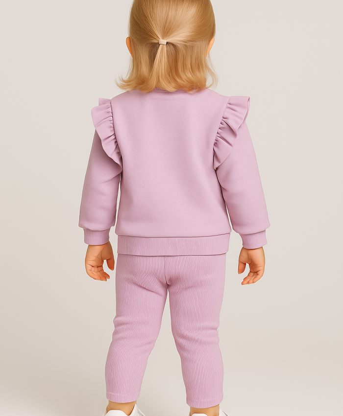 Kız Bebek ayıcık baskılı kolları fırfırlı mor renk takım