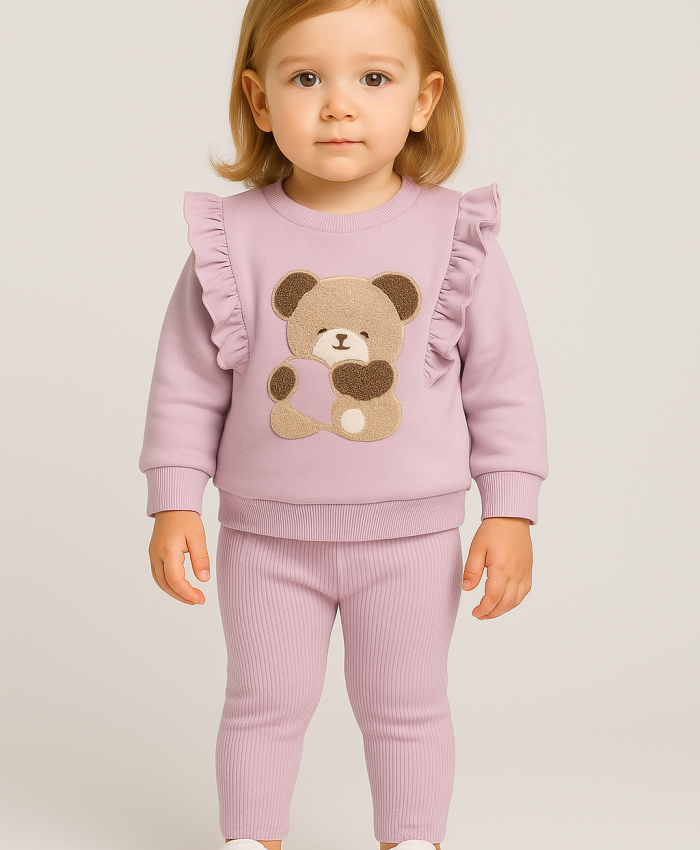 Kız Bebek ayıcık baskılı kolları fırfırlı mor renk takım