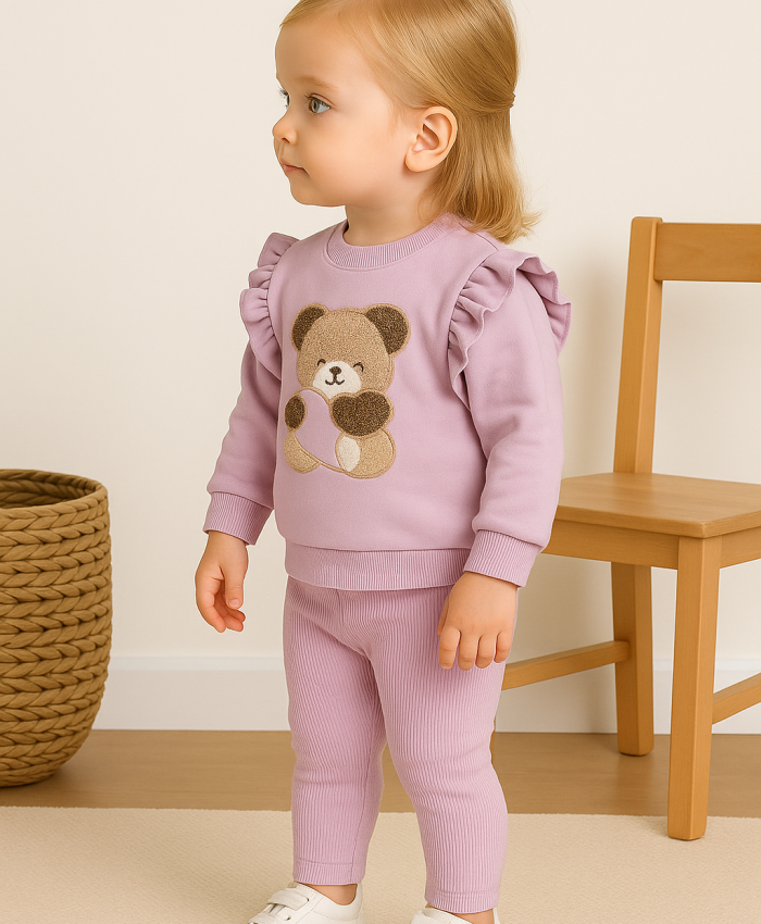 Kız Bebek ayıcık baskılı kolları fırfırlı mor renk takım