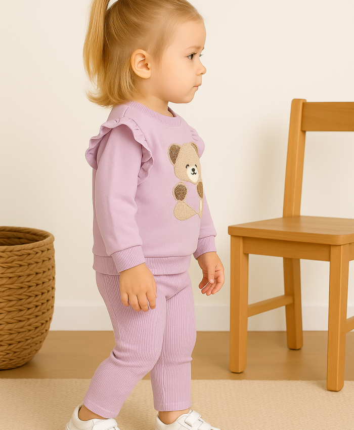 Kız Bebek ayıcık baskılı kolları fırfırlı mor renk takım