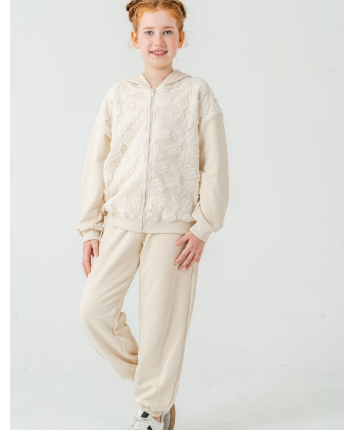 Kız Çocuk tüllü çiçek nakışlı- kapşonlu -fermuarlı eşofman takımı