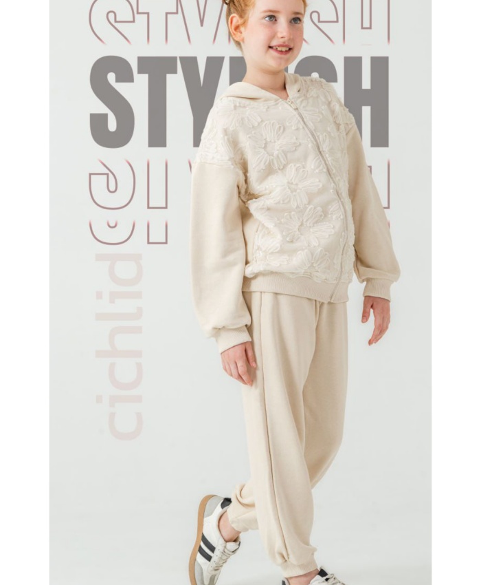 Kız Çocuk tüllü çiçek nakışlı- kapşonlu -fermuarlı eşofman takımı