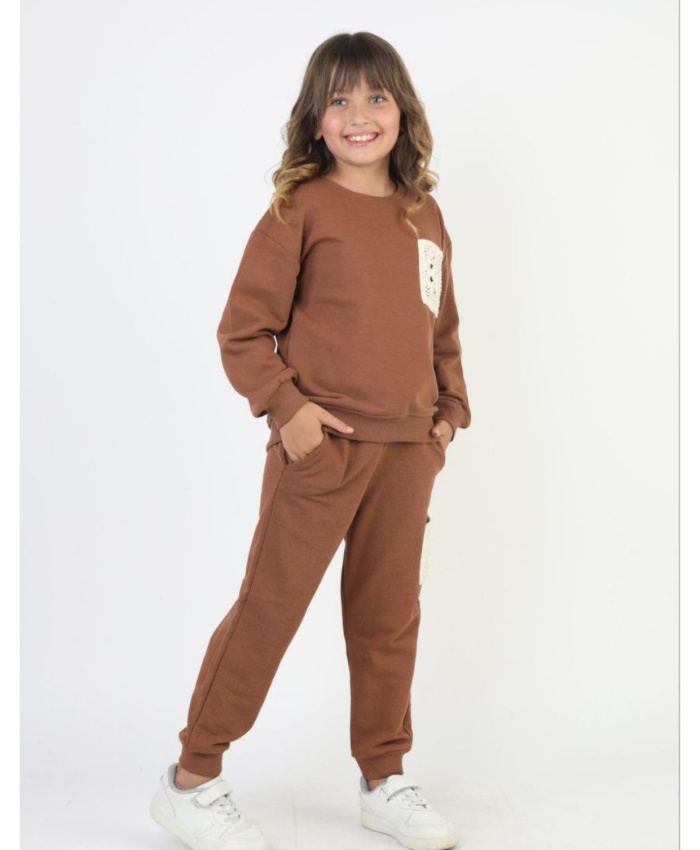 Kız Çocuk örme cepli kahve renk 2ip eşofman takım