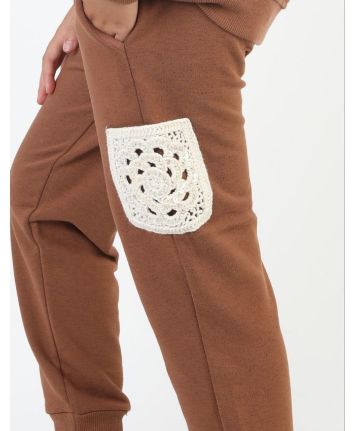 Kız Çocuk örme cepli kahve renk 2ip eşofman takım