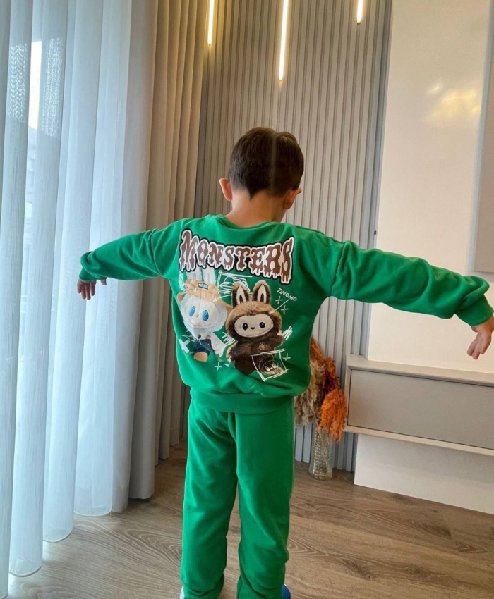 Erkek çocuk monsters yazılı-yeşil renk labubu baskılı takım