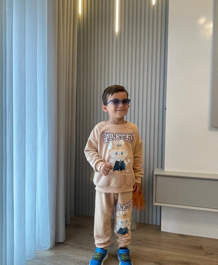 Erkek çocuk labubu baskılı krem renk takım