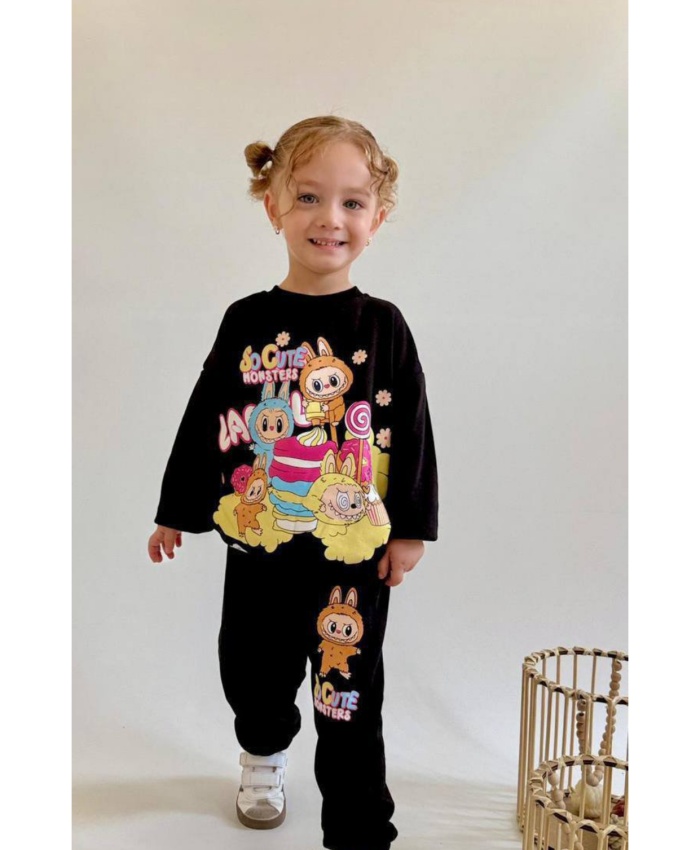 Kız Çocuk so cute monsters yazılı labubulu siyah renk takım