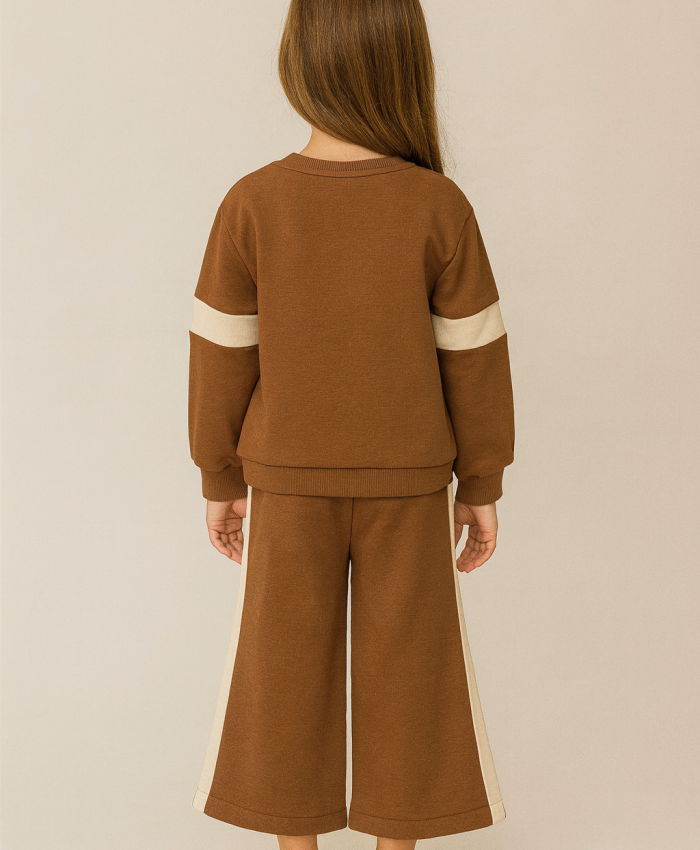 Kız Çocuk yanı şeritli bol paçalı kahve renk eşofman takım
