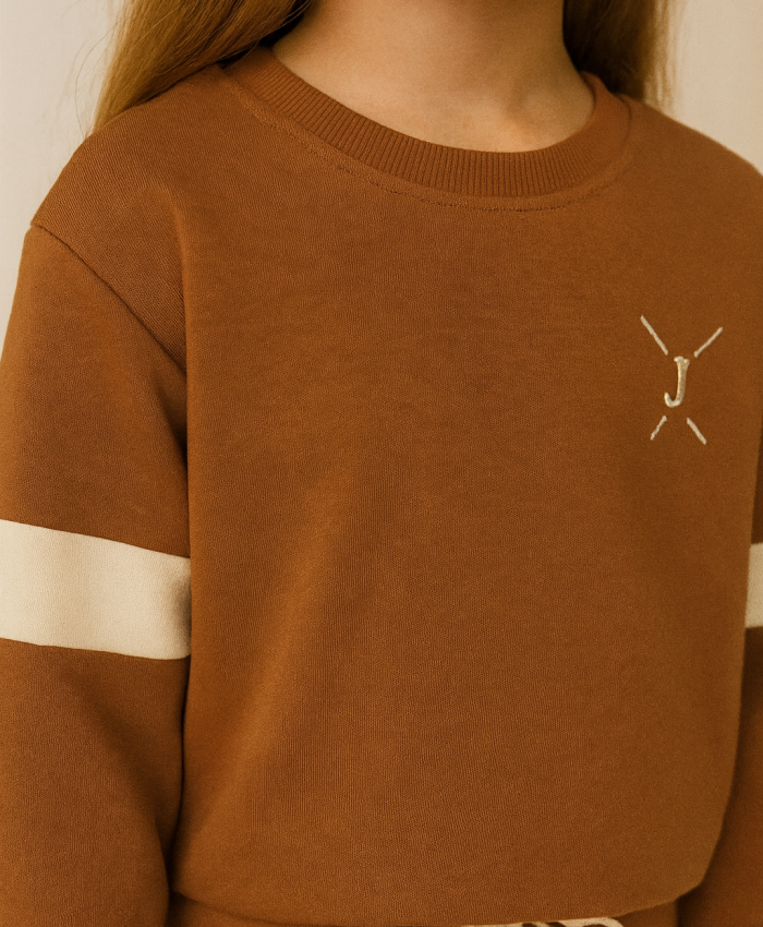 Kız Çocuk yanı şeritli bol paçalı kahve renk eşofman takım