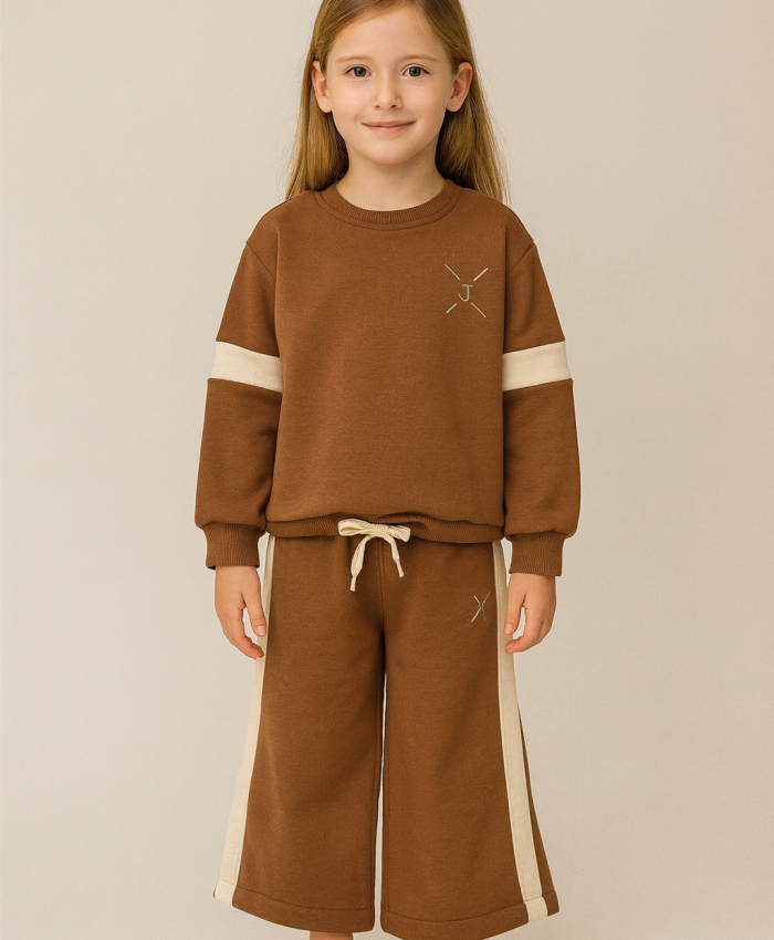 Kız Çocuk yanı şeritli bol paçalı kahve renk eşofman takım