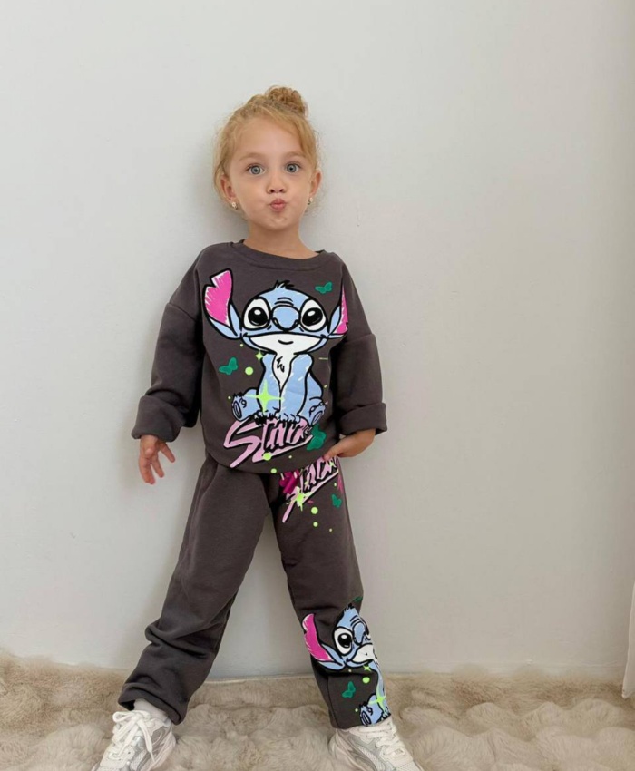 Kız çocuk labubu baskılı gri renk takım