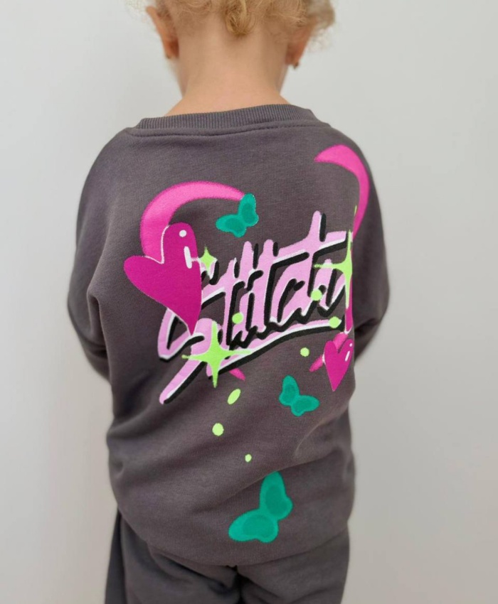 Kız çocuk labubu baskılı gri renk takım