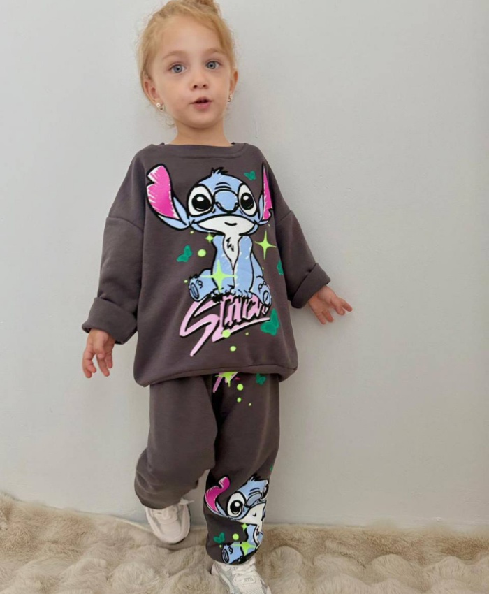 Kız çocuk labubu baskılı gri renk takım