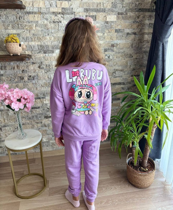 Kız çocuk labubu baskılı mekody yazılı more renk takım