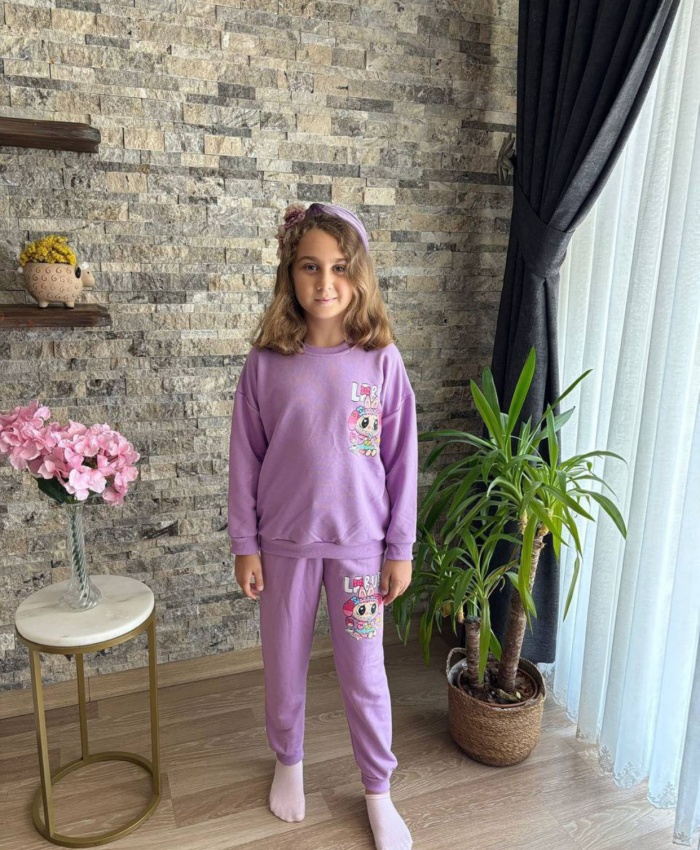 Kız çocuk labubu baskılı mekody yazılı more renk takım