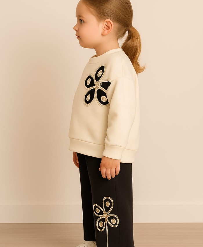 Kız Çocuk çiçek işlemeli uzun kollu 2ip takım