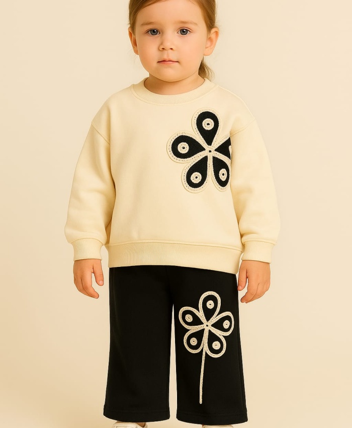 Kız Çocuk çiçek işlemeli uzun kollu 2ip takım