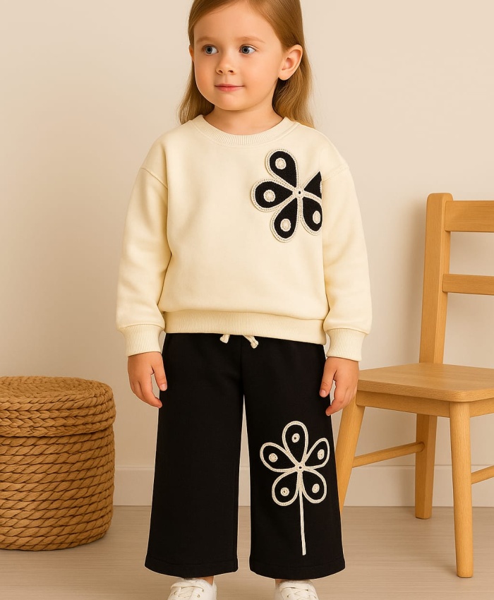 Kız Çocuk çiçek işlemeli uzun kollu 2ip takım