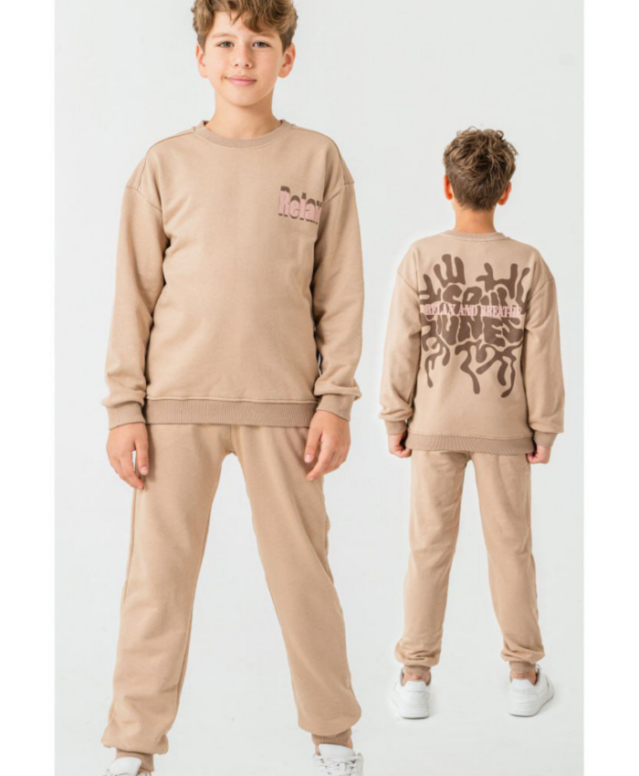 Erkek  Çocuk relax yazılı 2ip kahve renk eşofman takımı