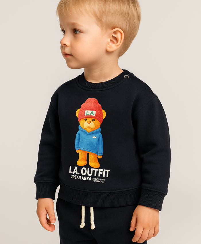 Erkek Bebek şapkalı ayıcık baskılı iç kısmı şardonlu takım