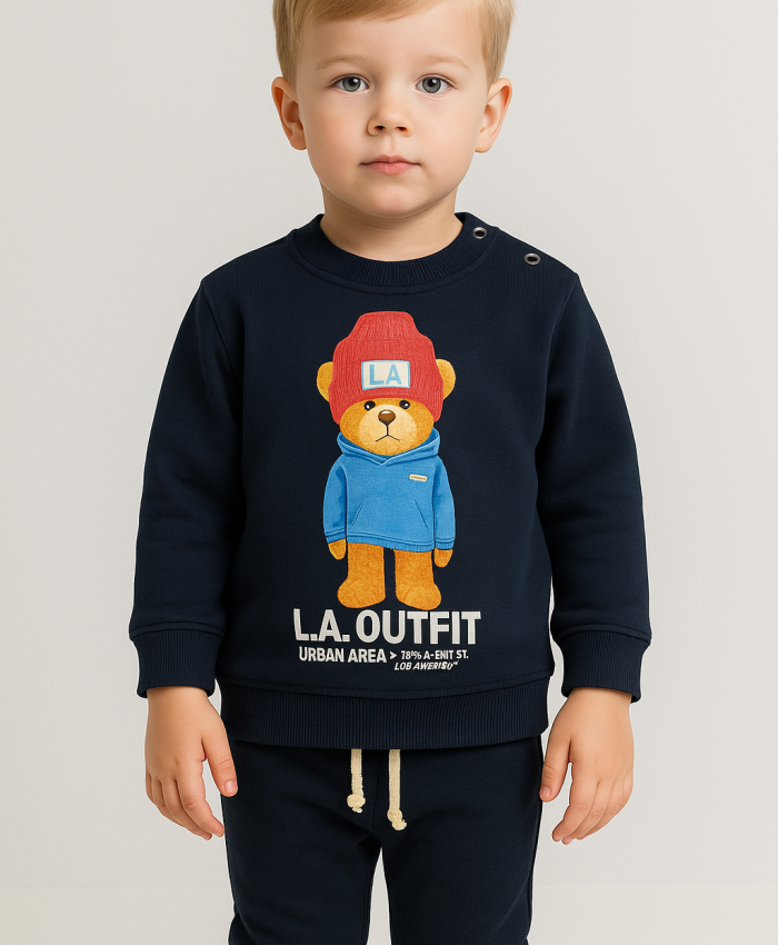 Erkek Bebek şapkalı ayıcık baskılı iç kısmı şardonlu takım