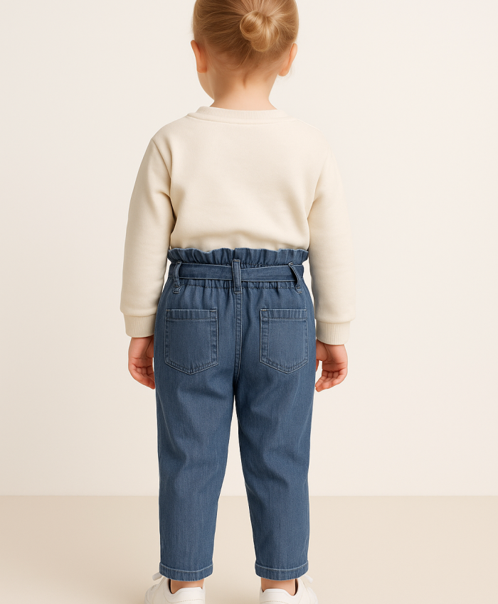 Kız Çocuk Bel Kısmı Lastikli Bağcıklı Cepli Ince Kumaşlı Kot Pantolon