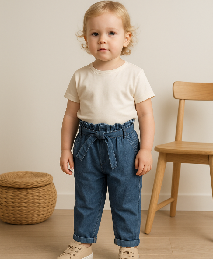 Kız Çocuk Bel Kısmı Lastikli Bağcıklı Cepli Ince Kumaşlı Kot Pantolon