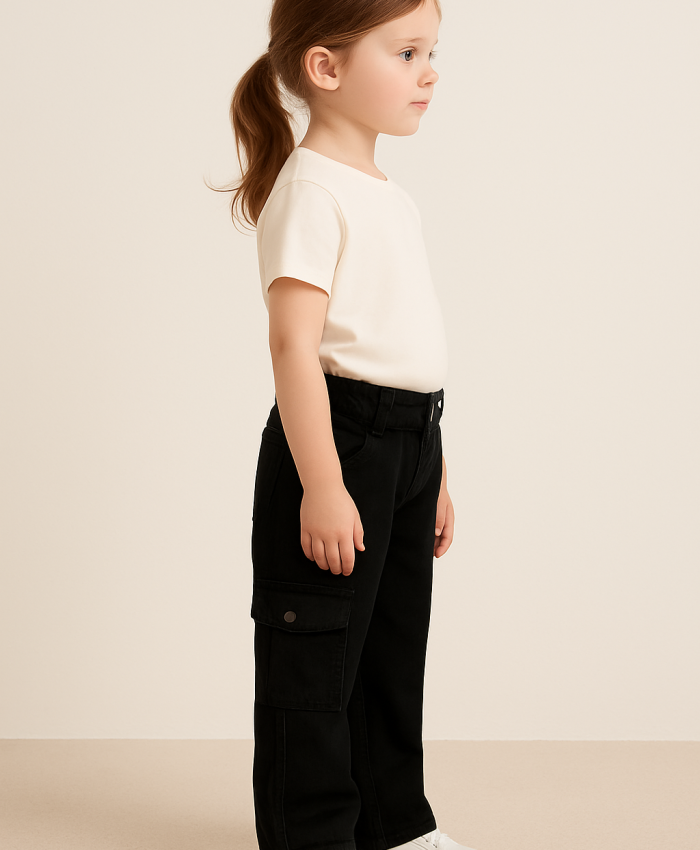 Kız Çocuk Kargo Cepli Siyah Renk Kot Pantolon6 - 7 - 8 - 9 - 10 Yaş