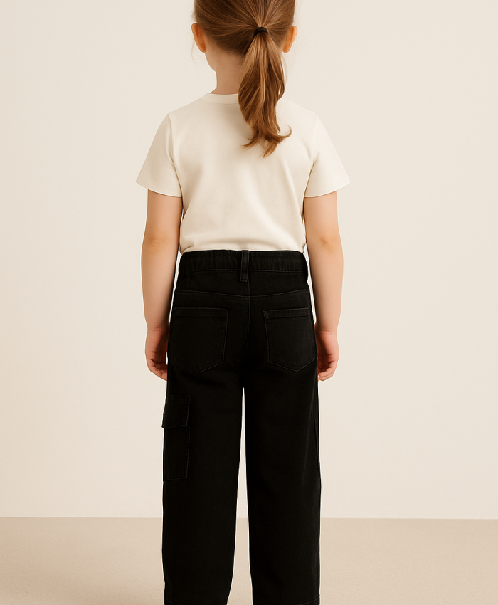 Kız Çocuk Kargo Cepli Siyah Renk Kot Pantolon6 - 7 - 8 - 9 - 10 Yaş