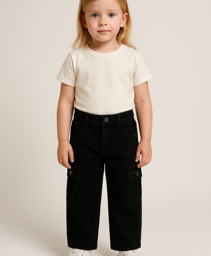 Kız Çocuk Kargo Cepli Siyah Renk Kot Pantolon6 - 7 - 8 - 9 - 10 Yaş