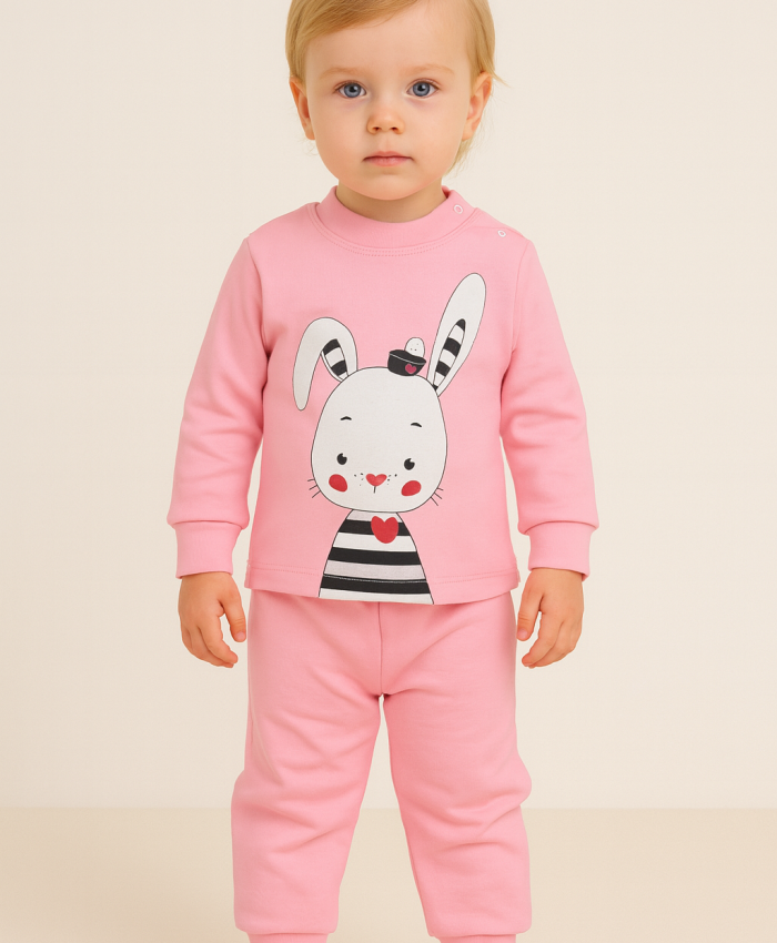 Kız Bebek Pembe 2li Takım | Sweat & Ve Eşofman Alt | 0 - 6 Ay | Tavşan Desenli