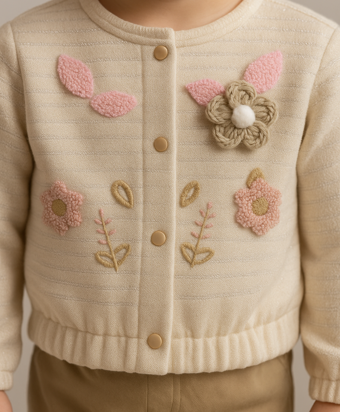 Kız Bebek çiçek ve yaprak desenli simli ceketli 3lü takım