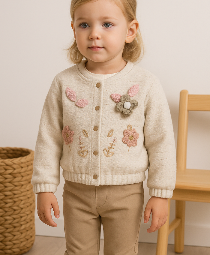 Kız Bebek çiçek ve yaprak desenli simli ceketli 3lü takım