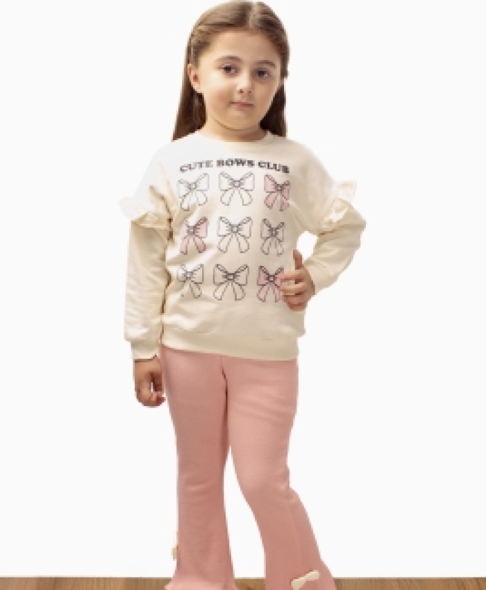 Kız Çocuk fiyonk baskılı -uzun kollu - fitilli taytlı takım