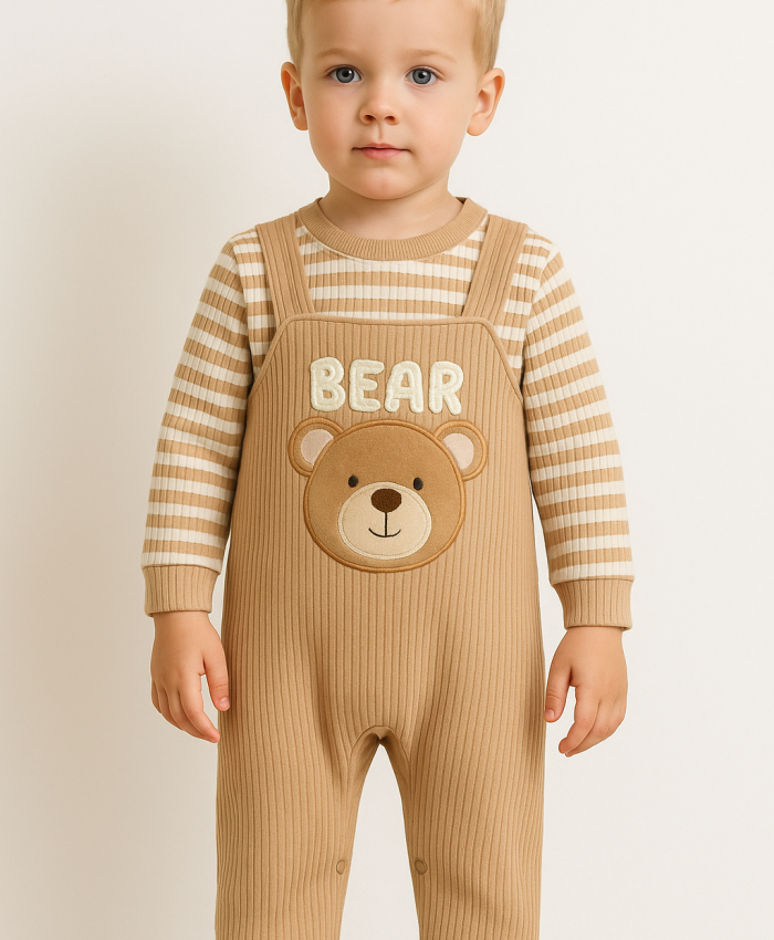 Erkek Bebek çizgili - bear ayıcık kafa baskılı -Tulum