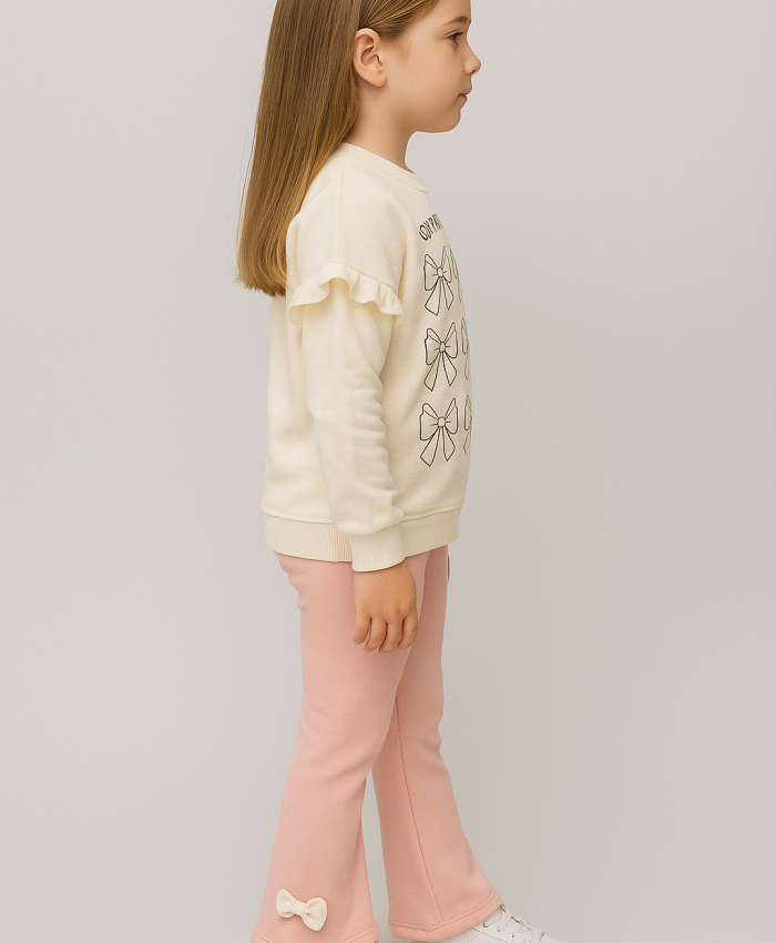 Kız Çocuk fiyonk baskılı -uzun kollu - fitilli taytlı takım