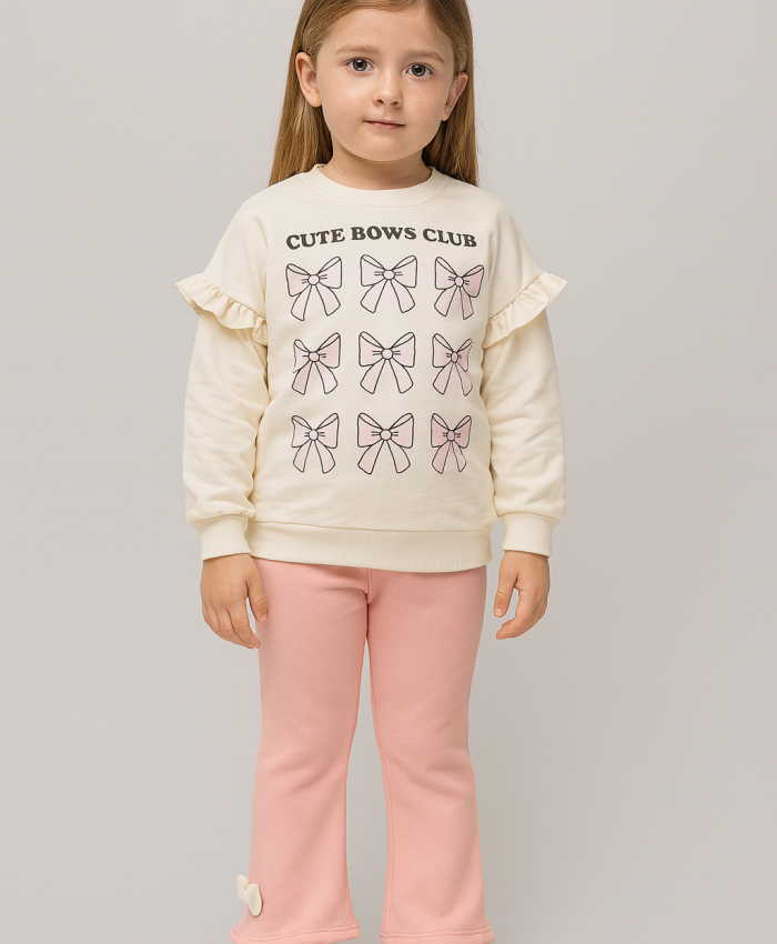 Kız Çocuk fiyonk baskılı -uzun kollu - fitilli taytlı takım