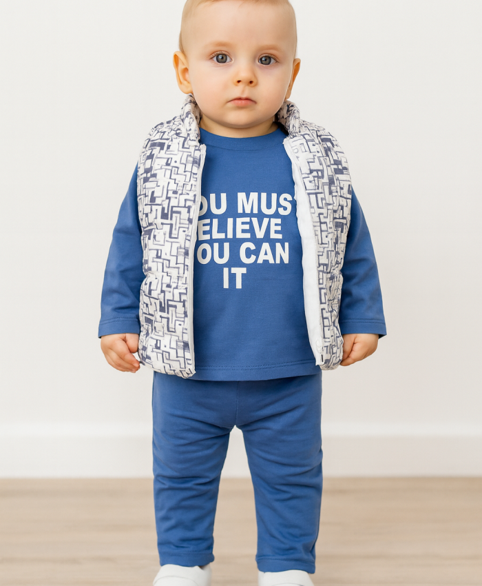 Erkek Bebek çizgi desenli- kapşonlu -şişme yelekli takım