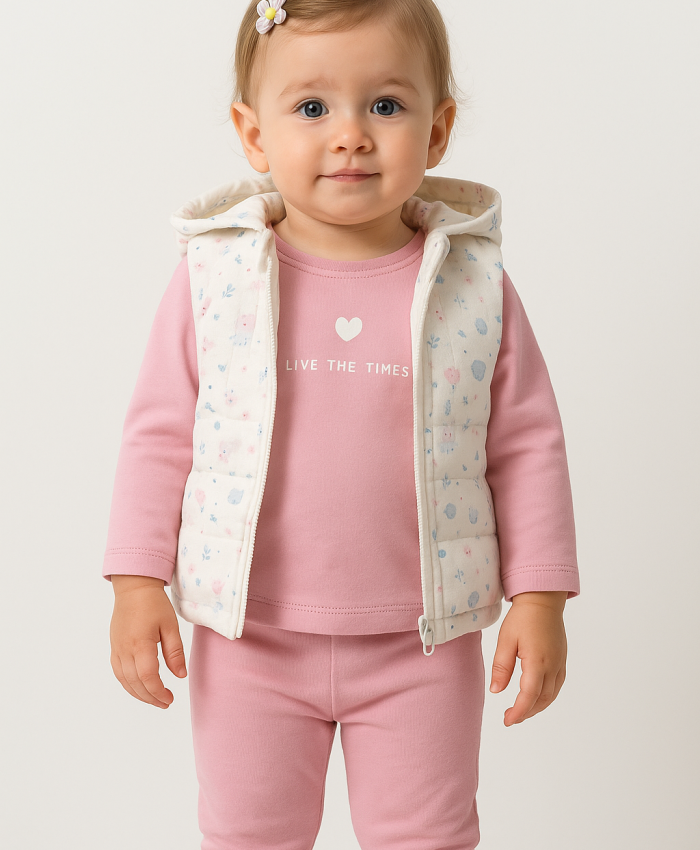 Kız Bebek çiçek desenli- kapşonlu -şişme yelekli -takım