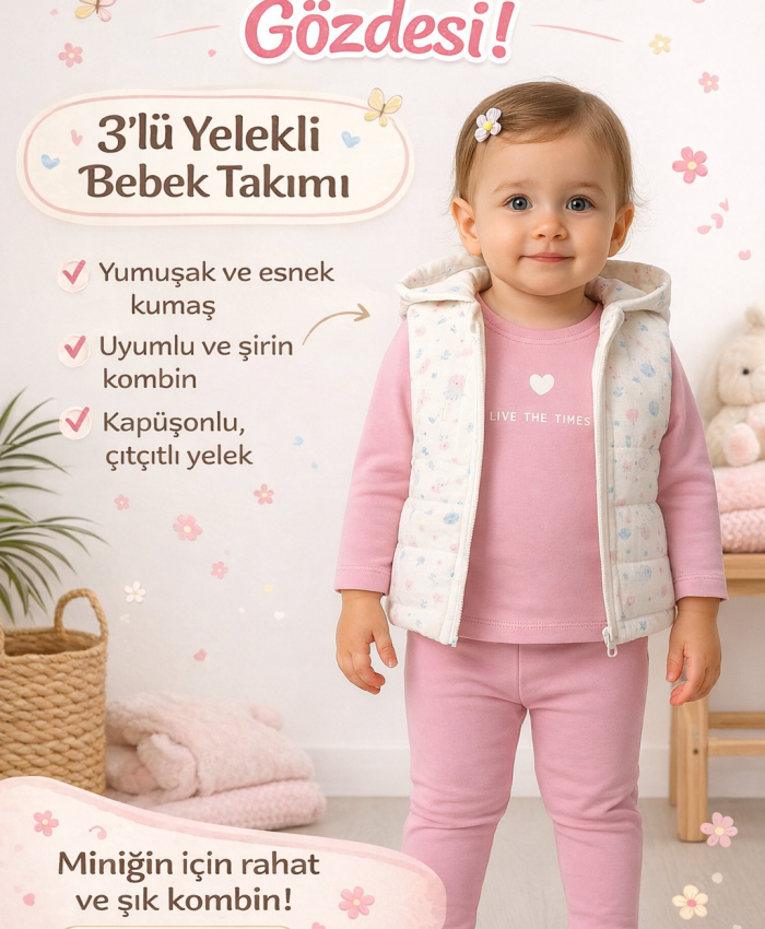 Kız Bebek çiçek desenli- kapşonlu -şişme yelekli -takım