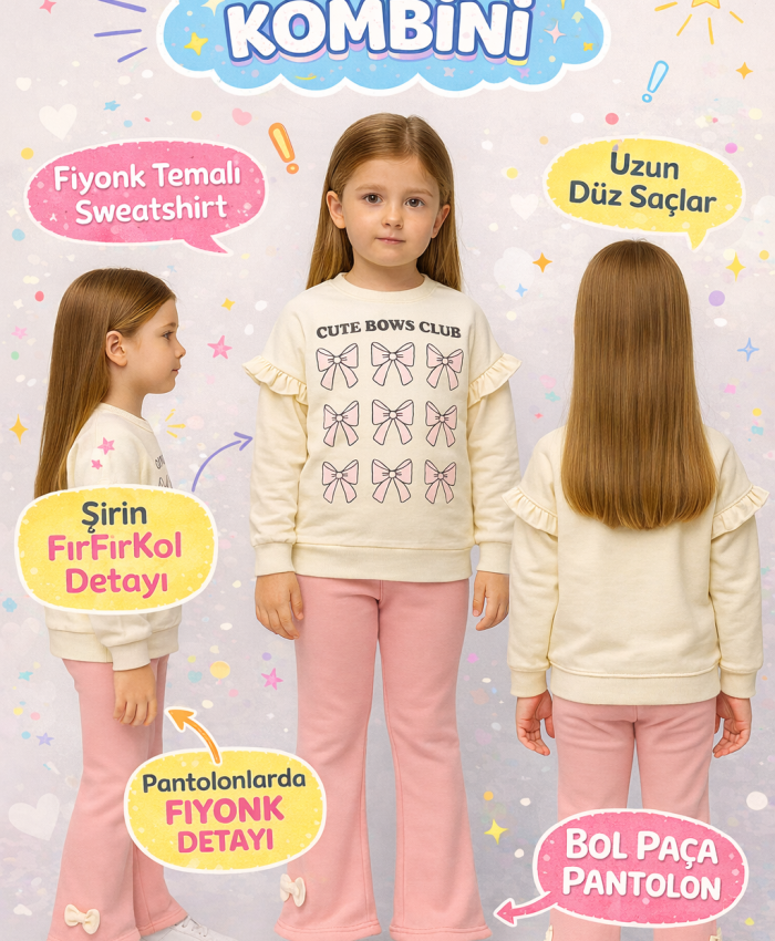 Kız Çocuk fiyonk baskılı -uzun kollu - fitilli taytlı takım