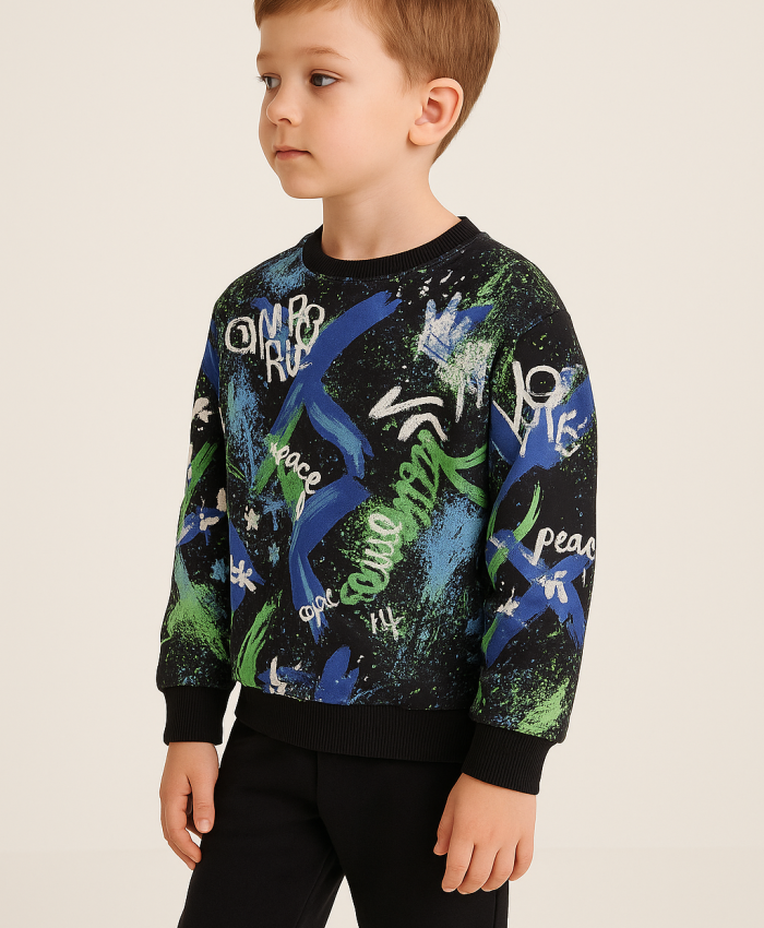 Erkek Çocuk yazı baskılı siyah renk eşofman takım